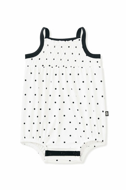 Smocked Bubble Romper in Midnight Polka Dot | Kyte Baby