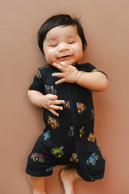 Zipper Shortall Romper in Monster Truck | Kyte Baby