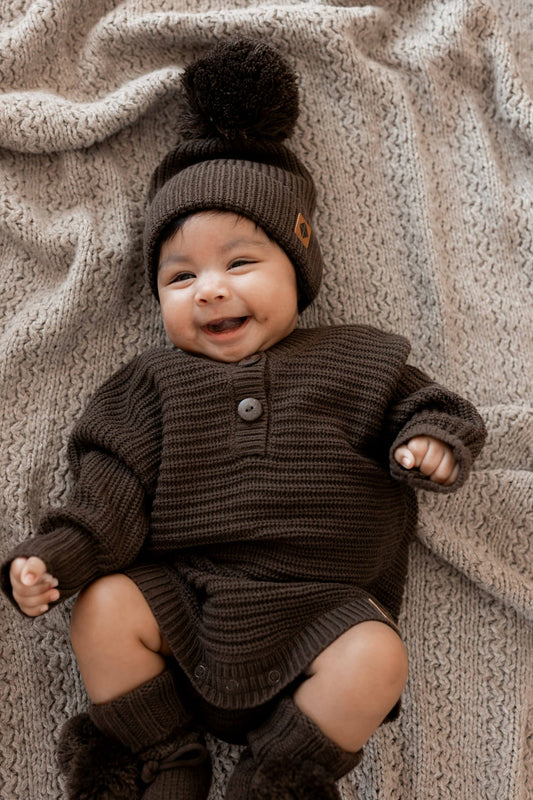 Chunky Knit Pom Beanie in Espresso | Kyte Baby