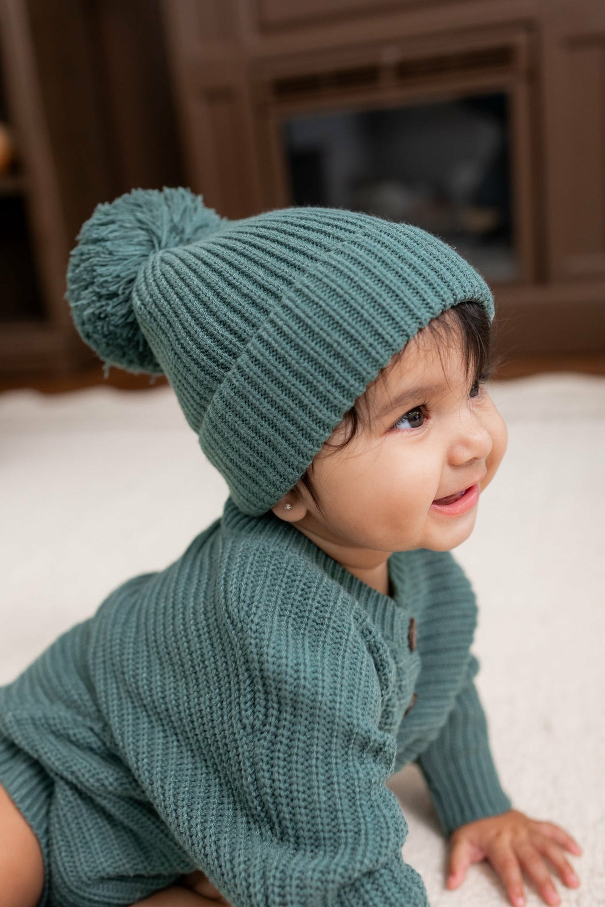 Chunky Knit Pom Beanie in Pine | Kyte Baby
