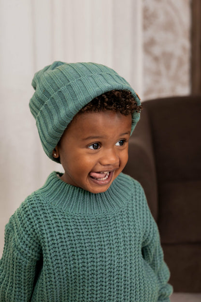 Chunky Knit Ribbed Beanie in Pine | Kyte Baby