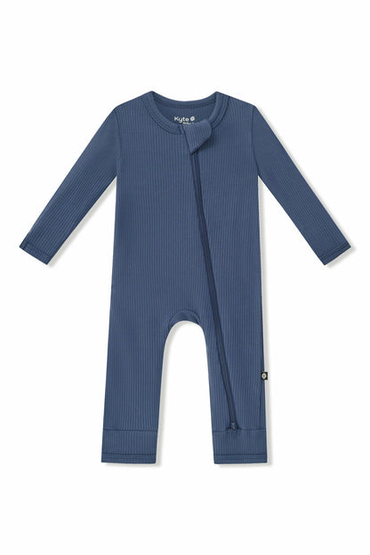 Ribbed Zipper Romper in Oxford | Kyte Baby