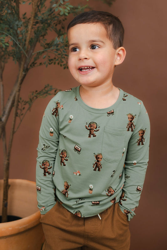 Long Sleeve Toddler Crew Neck Tee in Groot | Kyte Baby