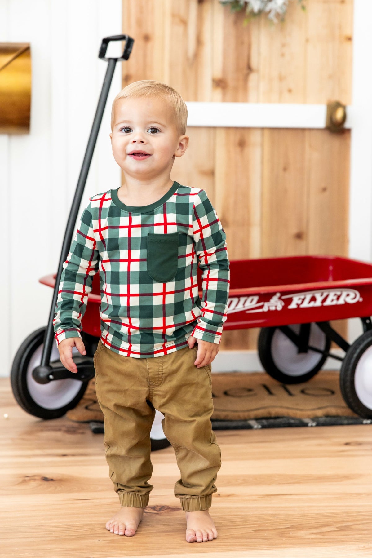 Long Sleeve Toddler Crew Neck Tee in Holiday Plaid | Kyte Baby