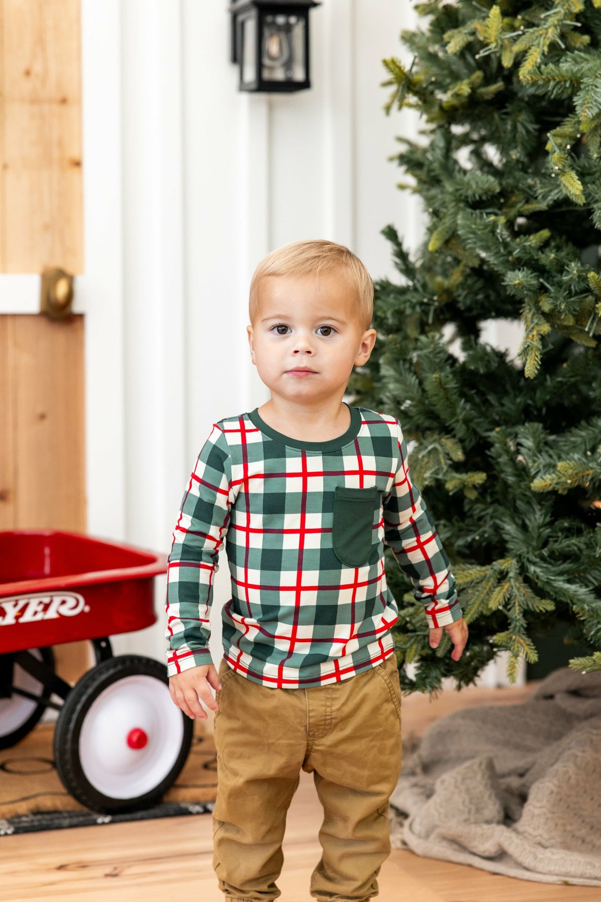 Long Sleeve Toddler Crew Neck Tee in Holiday Plaid | Kyte Baby
