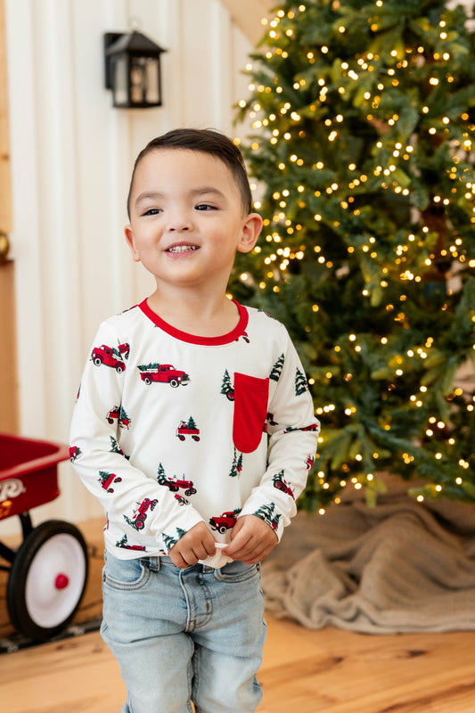 Long Sleeve Toddler Crew Neck Tee in Holiday Tree Farm | Kyte Baby