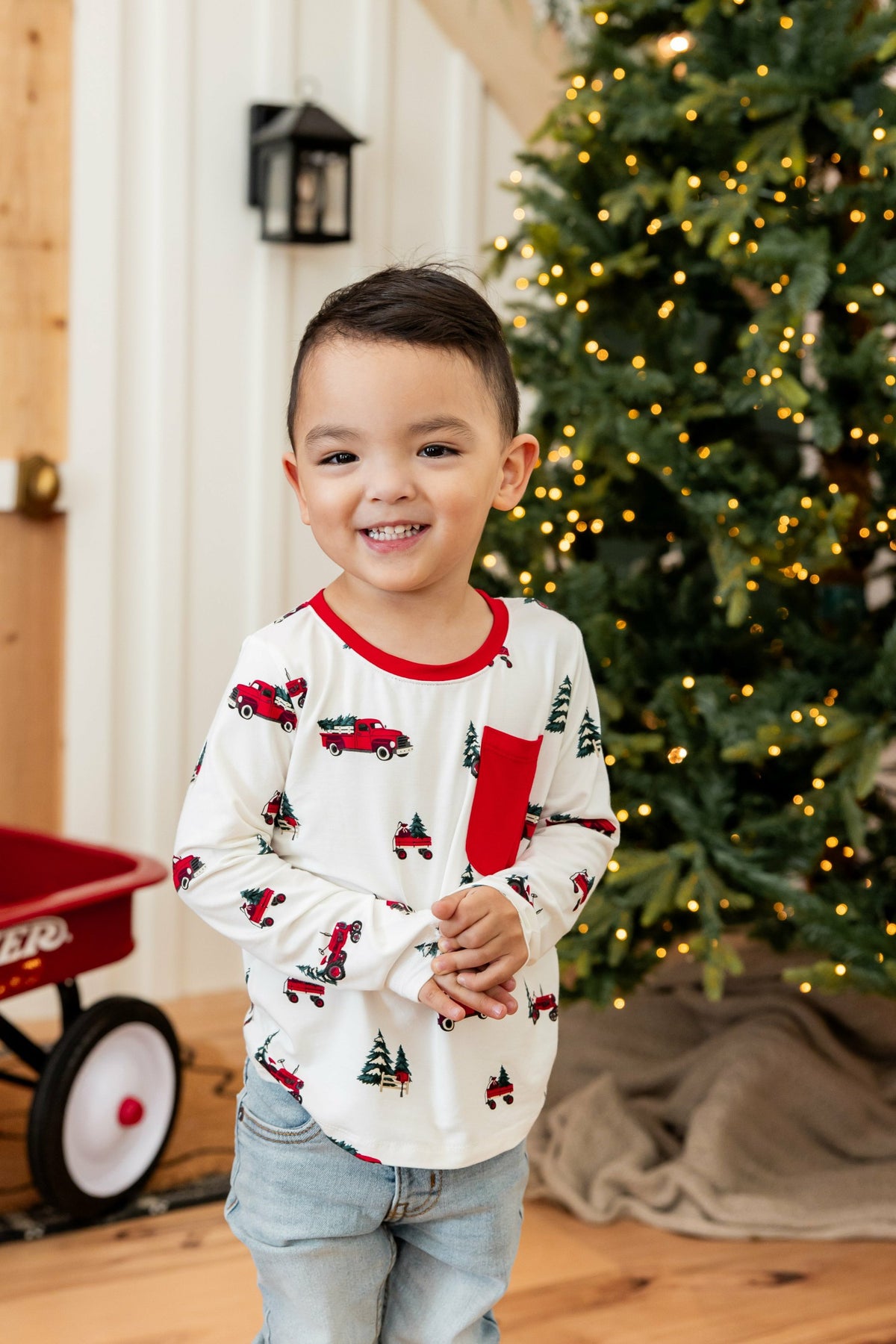 Long Sleeve Toddler Crew Neck Tee in Holiday Tree Farm | Kyte Baby
