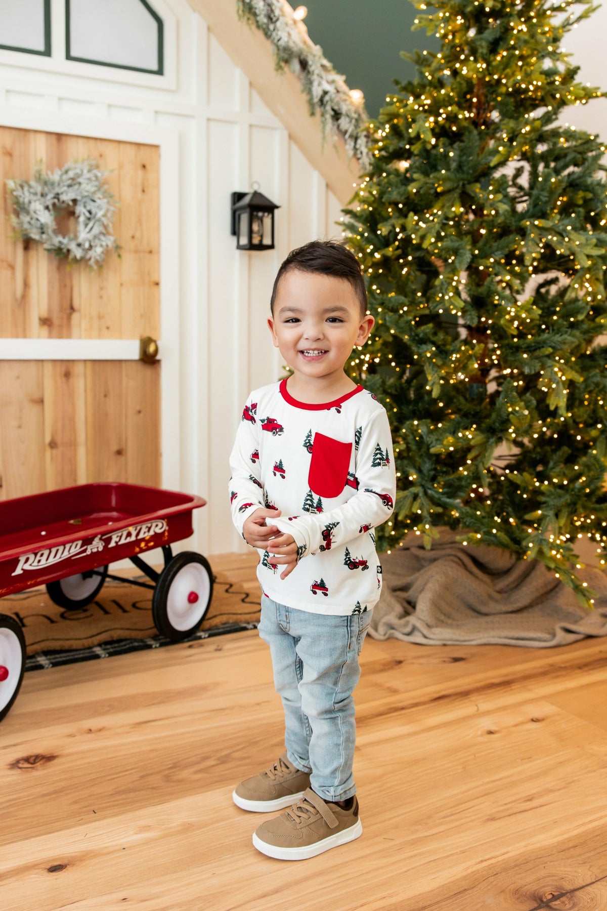 Long Sleeve Toddler Crew Neck Tee in Holiday Tree Farm | Kyte Baby