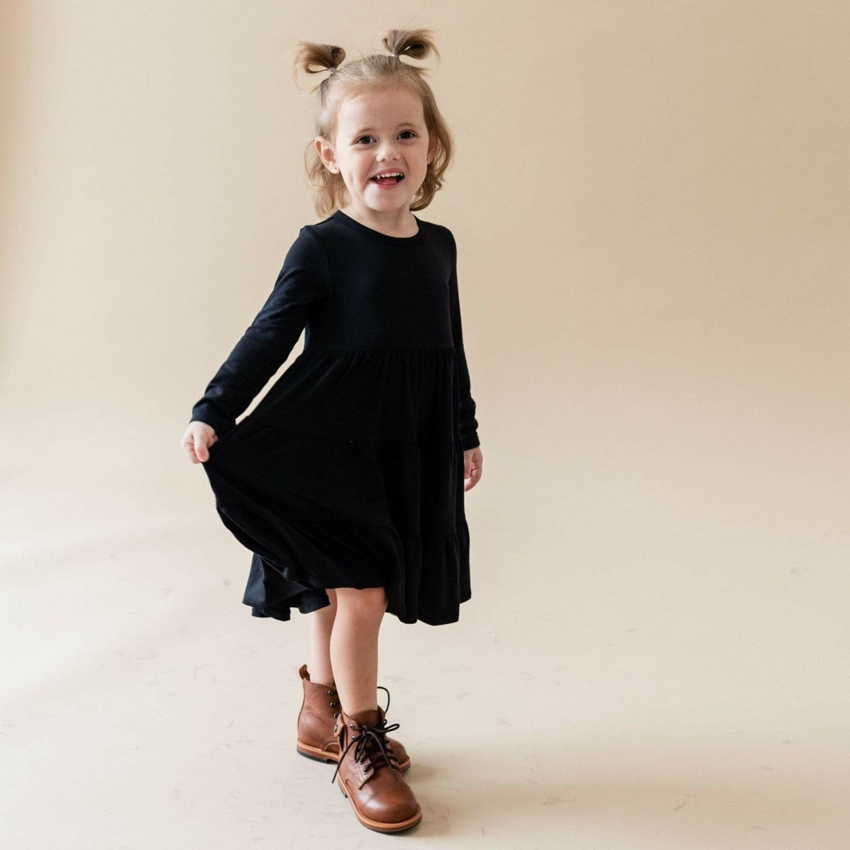 Long Sleeve Tiered Girl's Dress Midnight Black | Kyte Baby