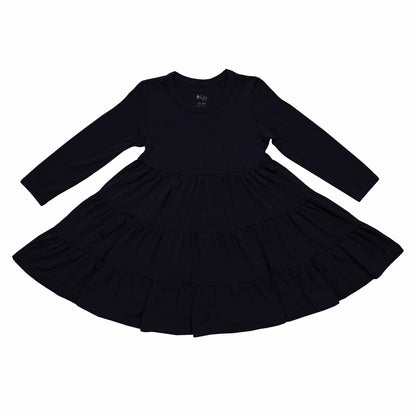 Long Sleeve Tiered Girl's Dress Midnight Black | Kyte Baby