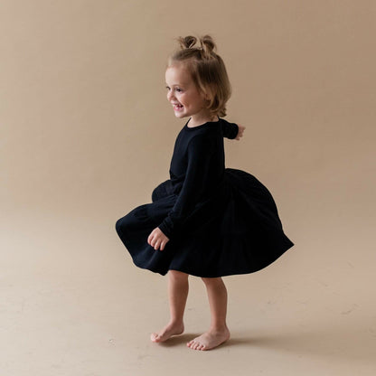 Long Sleeve Tiered Girl's Dress Midnight Black | Kyte Baby