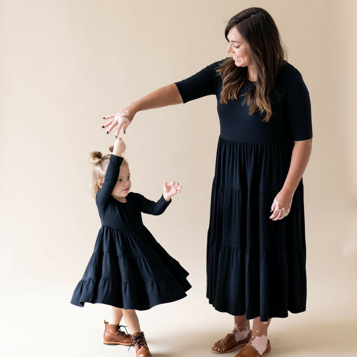 Long Sleeve Tiered Girl's Dress Midnight Black | Kyte Baby