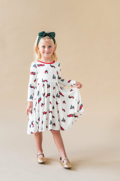 Long Sleeve Twirl Dress in Holiday Tree Farm | Kyte Baby
