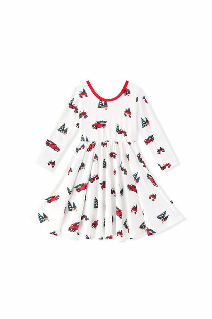 Long Sleeve Twirl Dress in Holiday Tree Farm | Kyte Baby
