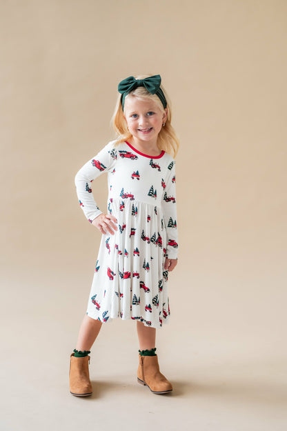 Long Sleeve Twirl Dress in Holiday Tree Farm | Kyte Baby