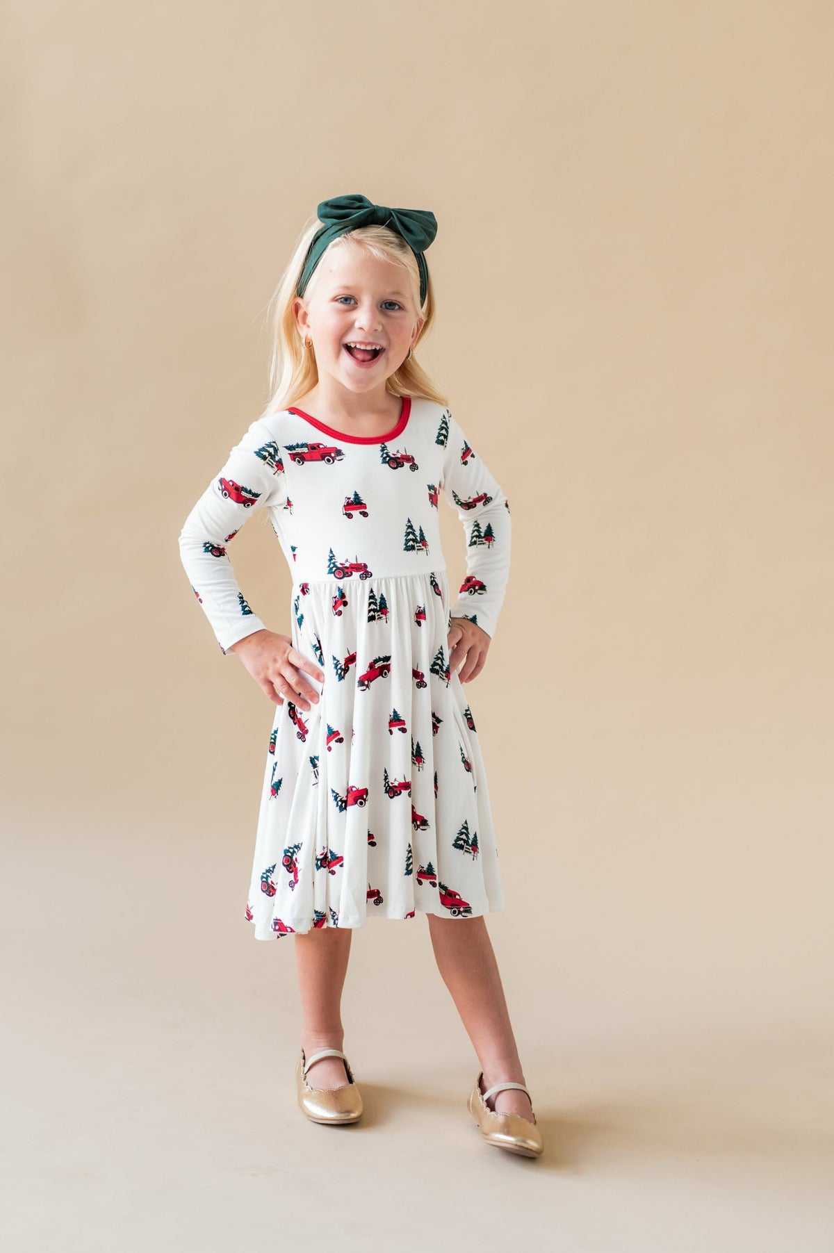 Long Sleeve Twirl Dress in Holiday Tree Farm | Kyte Baby