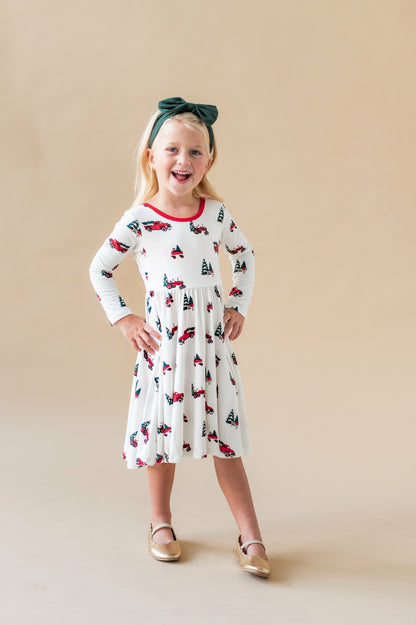 Long Sleeve Twirl Dress in Holiday Tree Farm | Kyte Baby