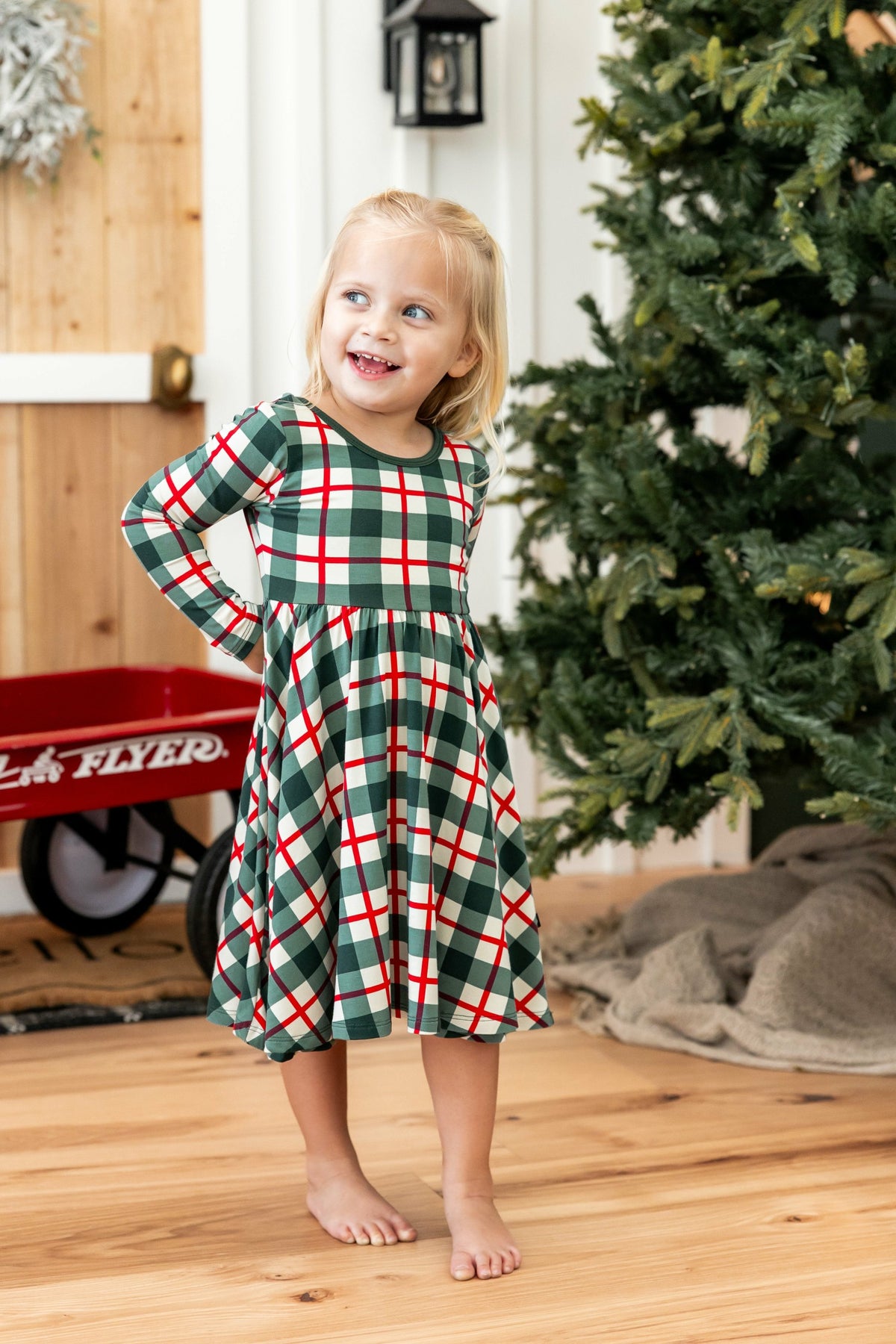 Long Sleeve Twirl Dress in Holiday Plaid | Kyte Baby