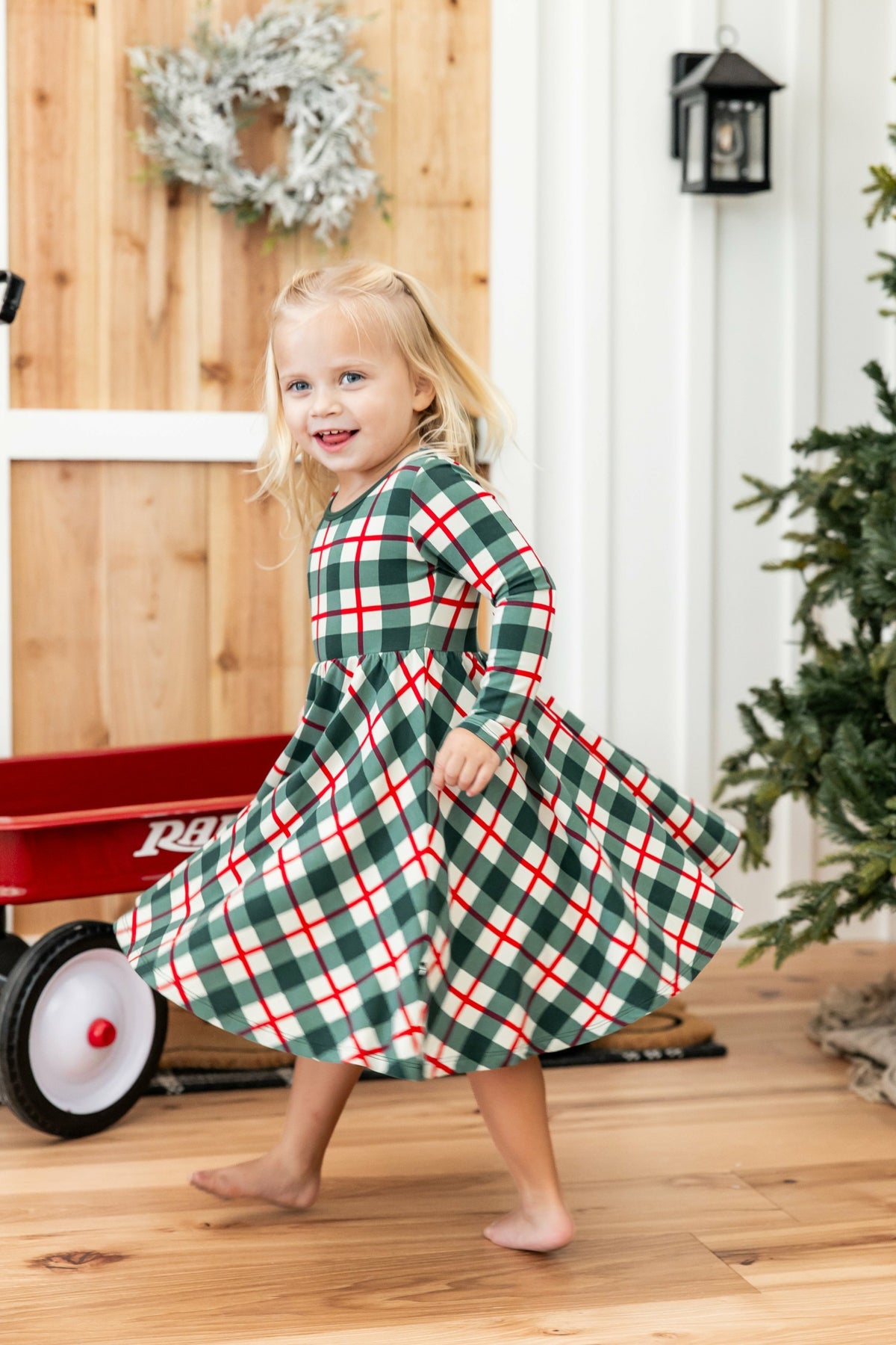 Long Sleeve Twirl Dress in Holiday Plaid | Kyte Baby